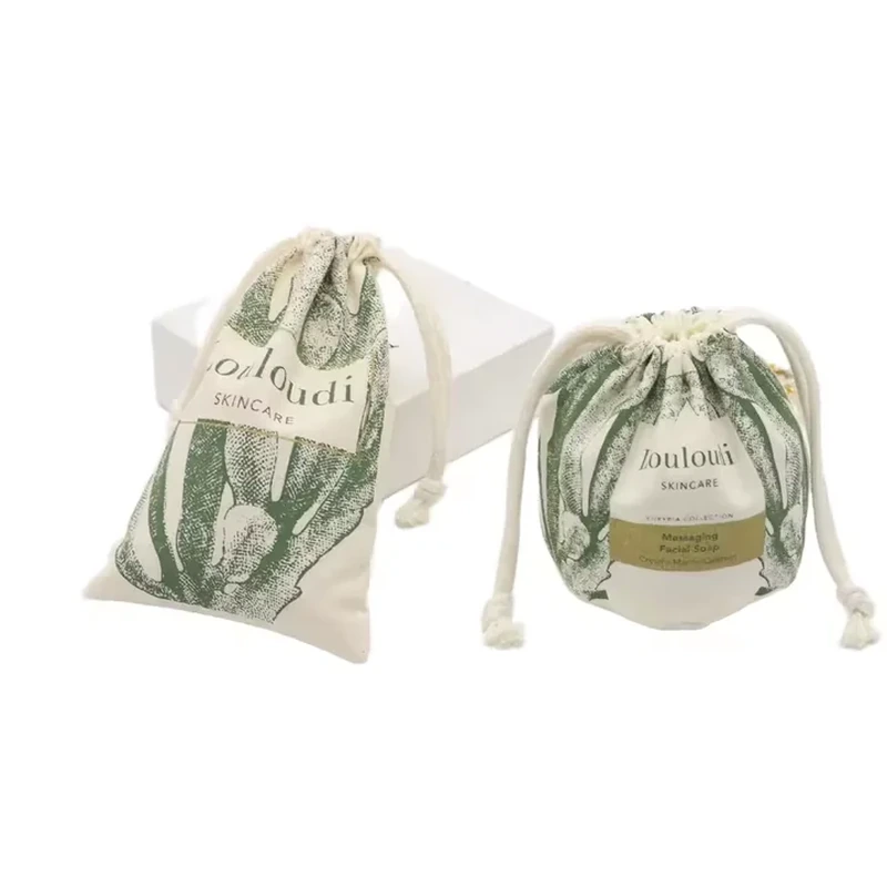 A gathered pouch features leafy botanical illustrations across both its front and side panels