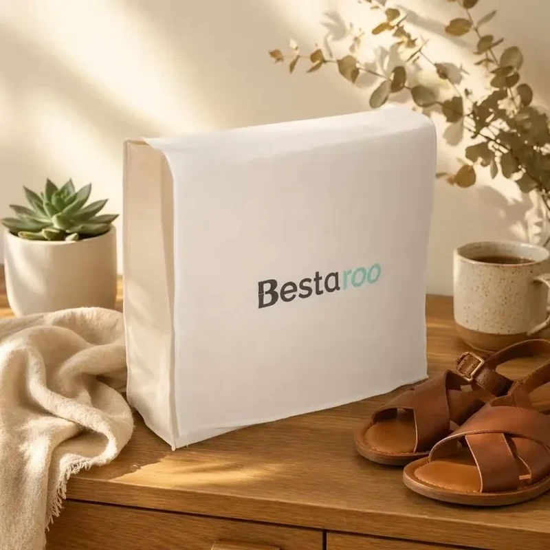 Natural-tone fabric dust bag with a deep rectangular side panel and box-shaped base
