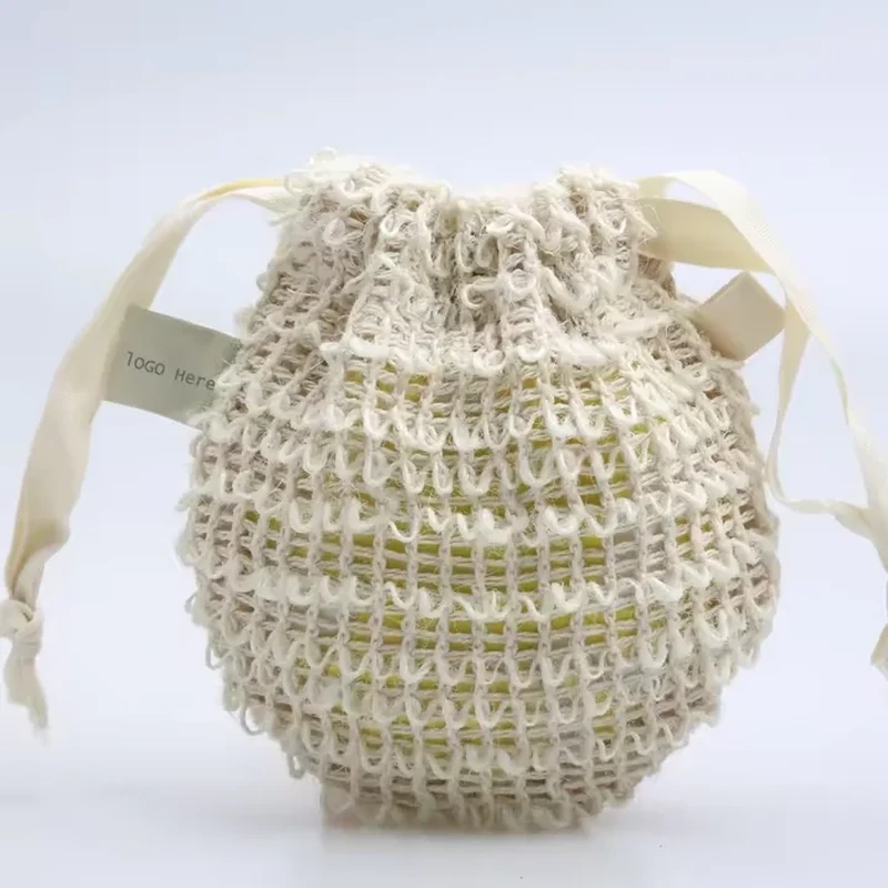 Cream open-knit round gift pouch with broad pale ribbon ties
