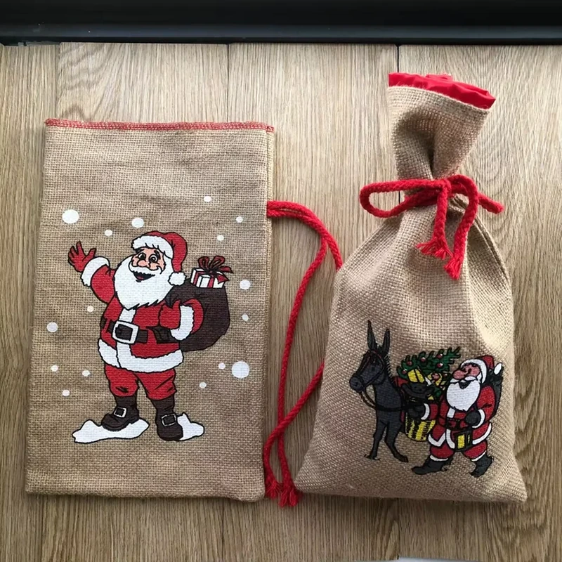 Natural woven bottle pouches with festive illustrations and red ties