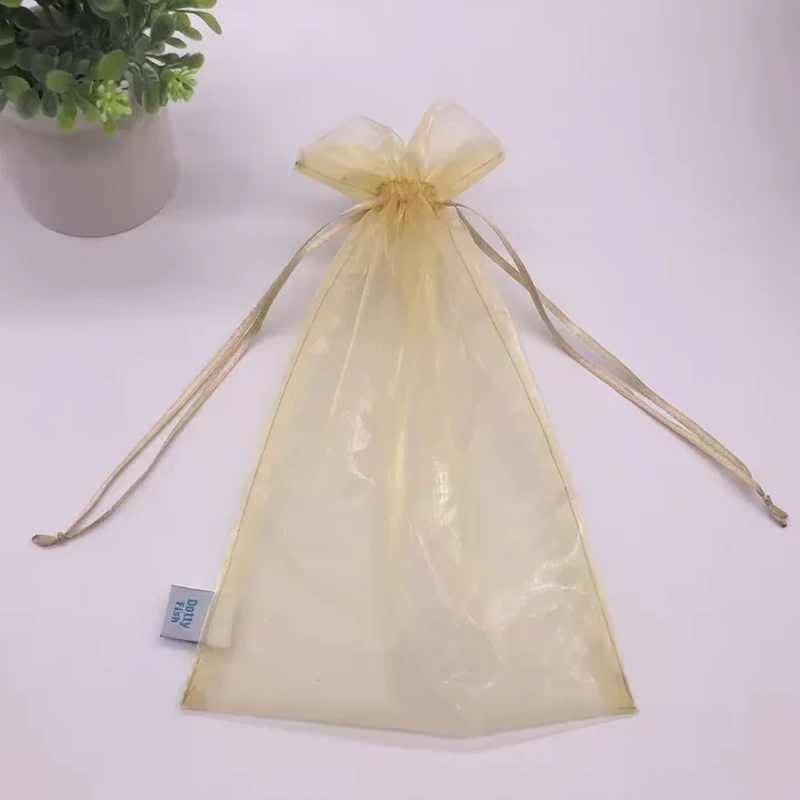 Pale gold sheer gift bag with subtle floral pattern and fine drawstrings