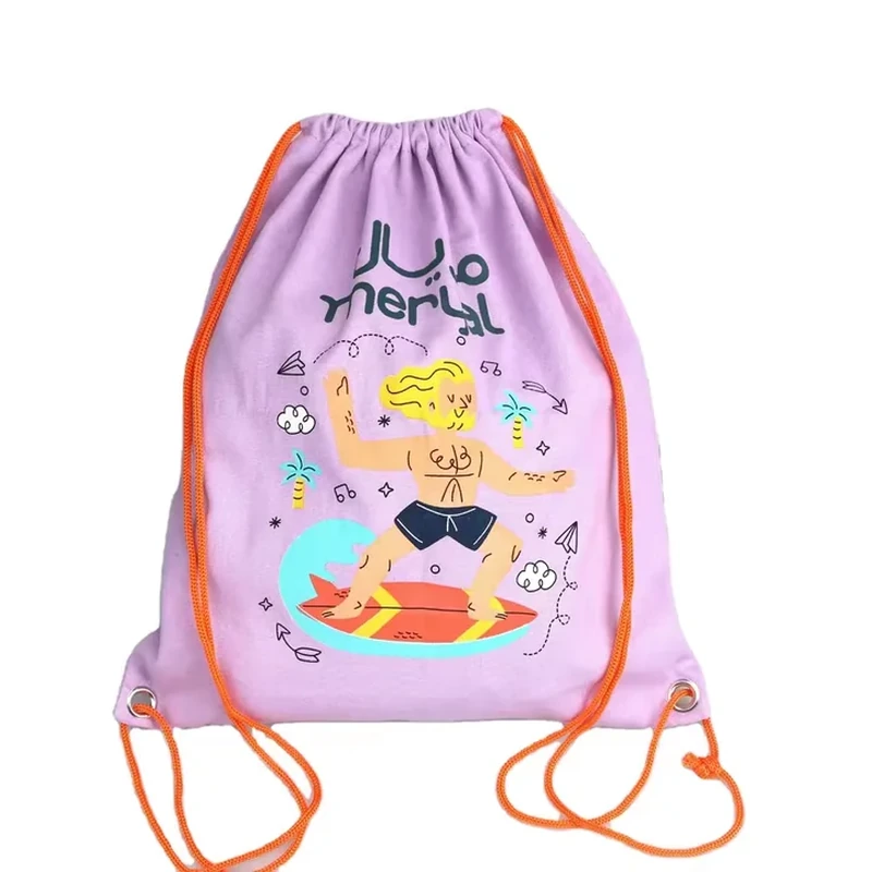 Purple illustrated drawstring backpack with orange cords and lower corner eyelets