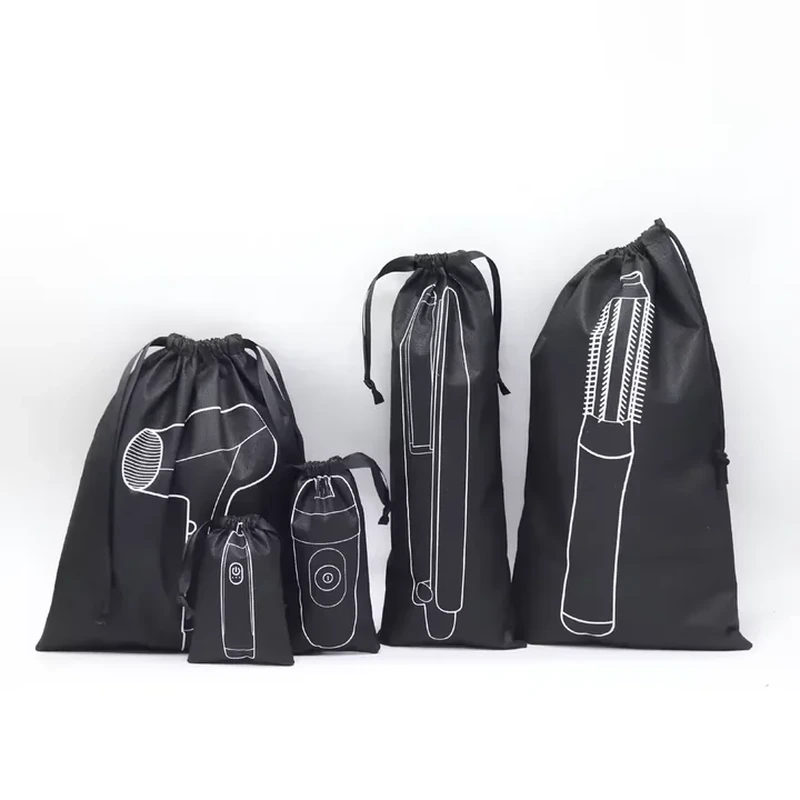 Black drawstring storage sleeves printed with hair dryer and styling-tool outlines