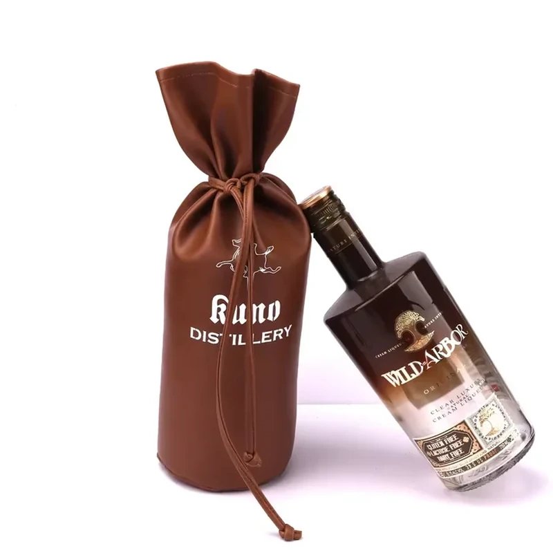 Brown leather-look bottle pouch with a tall gathered neck and tied cords
