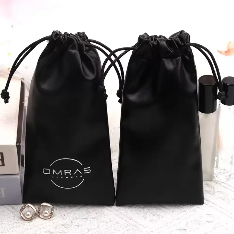 Tall black leather-look drawstring sleeves with straight sides and narrow gathered tops