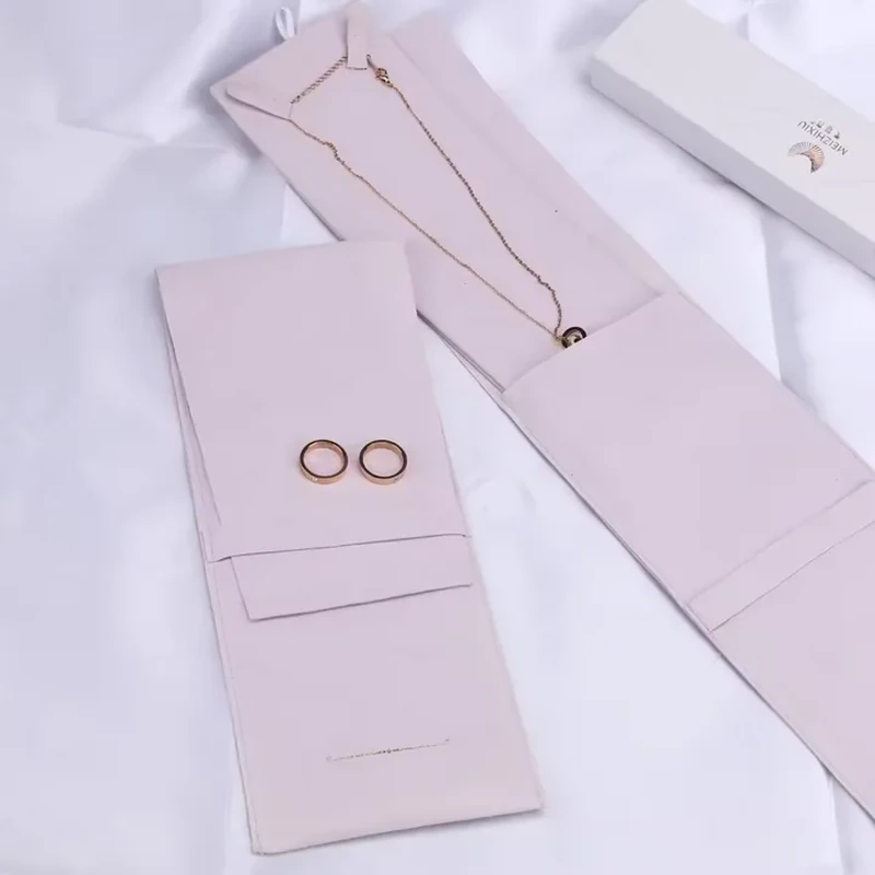A long folding panel includes necklace attachment points and a broad lower pocket