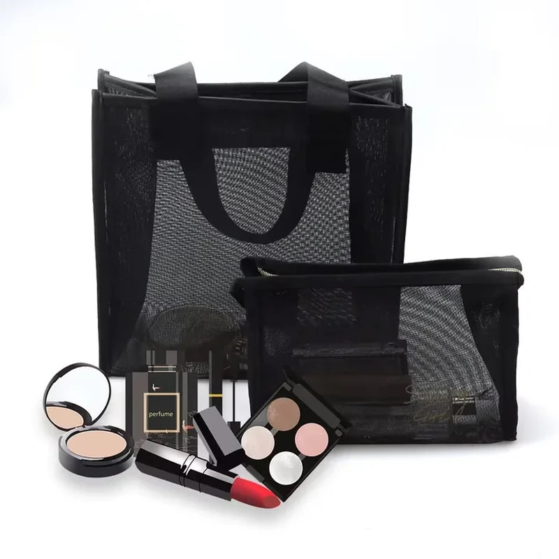 Black mesh tote with fabric handles and a matching mesh zipper pouch