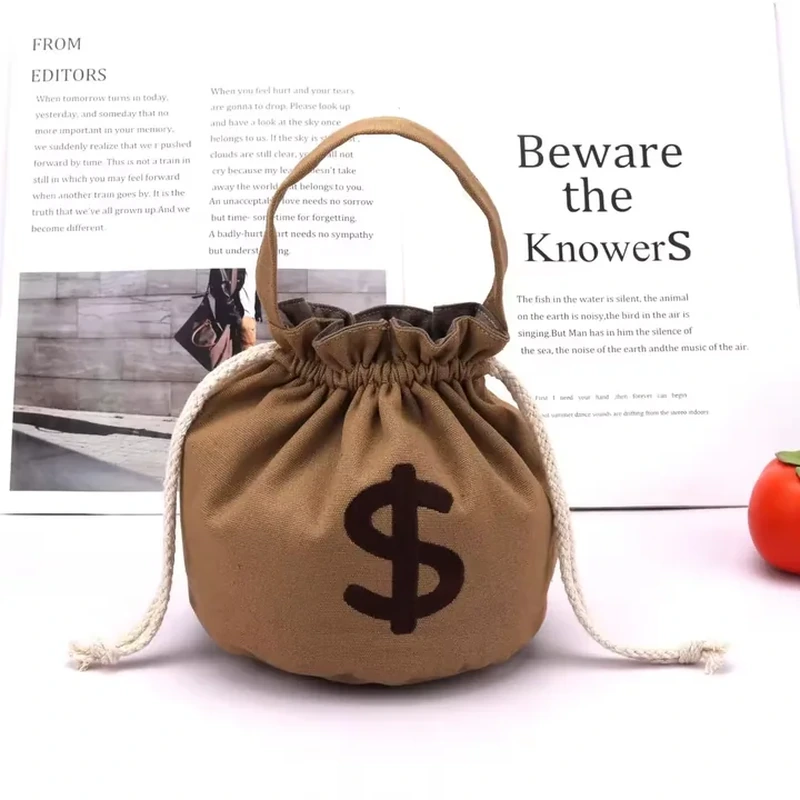 A small brown bag has a rounded base, an arched handle and a bold currency symbol