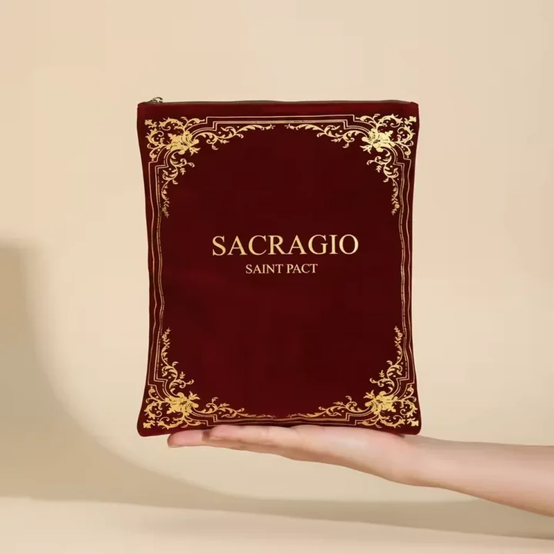 A decorative corner border frames a tall rectangular sleeve with a clean flat profile