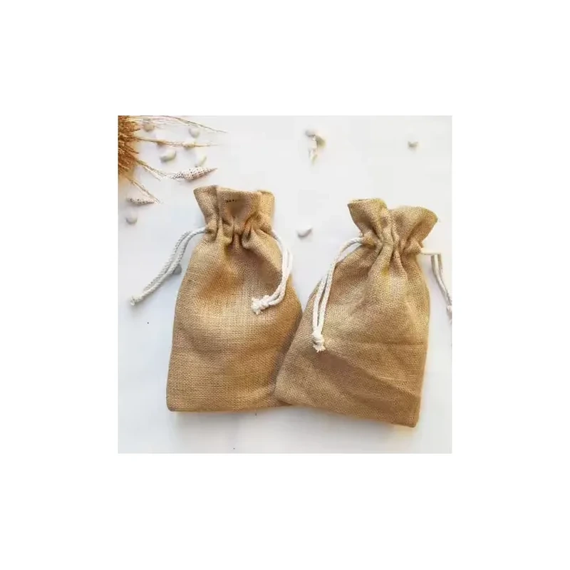 Two plain natural coarse woven gift sacks with cream drawstrings