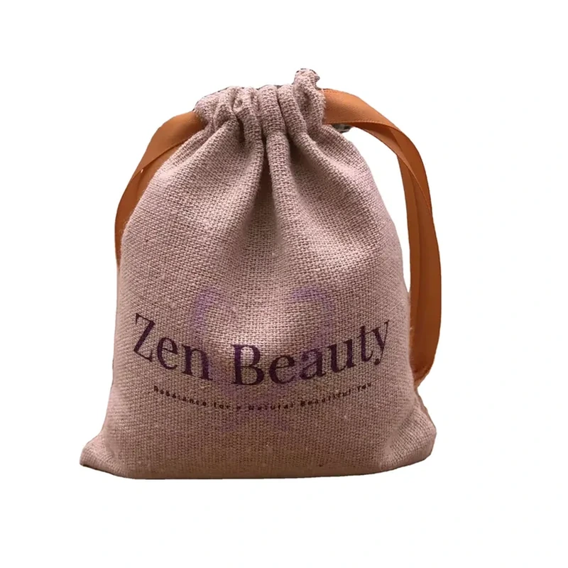 Mauve textured woven pouch with brown ribbon loops and gathered top