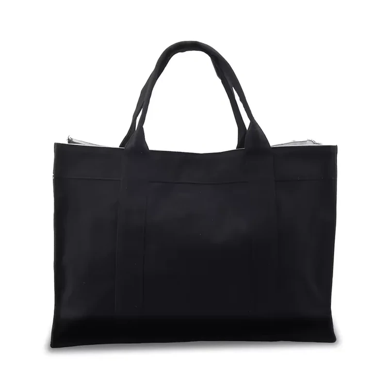 A wide dark tote has short carrying handles and a clean rectangular body