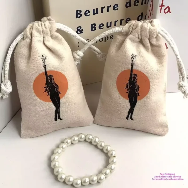 A natural tone pouch has a standing figure silhouette printed over a colored circle