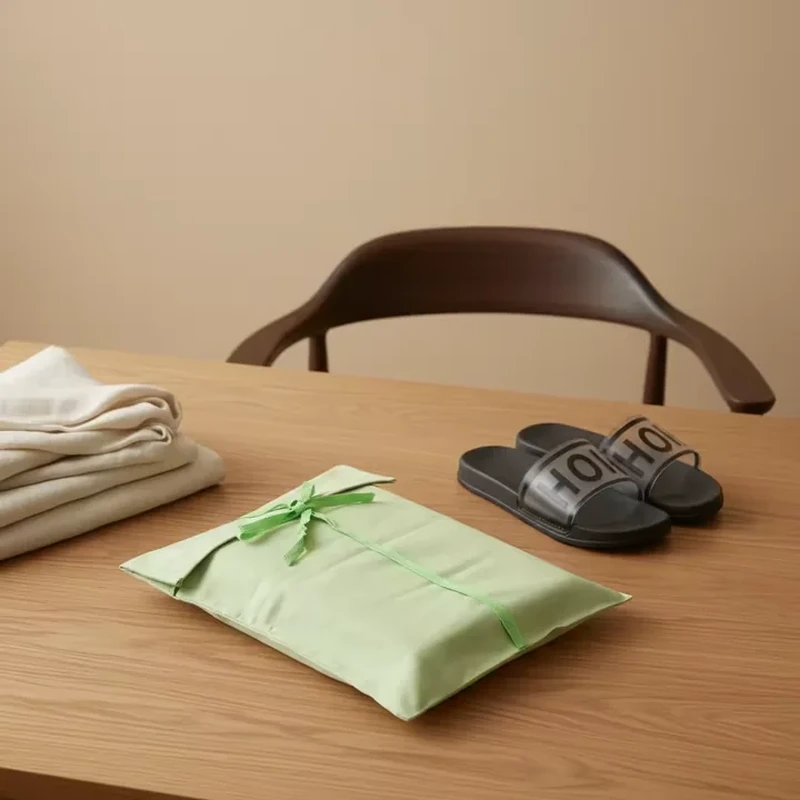 A compact mint wrap folds over the front and closes with a slim matching tie