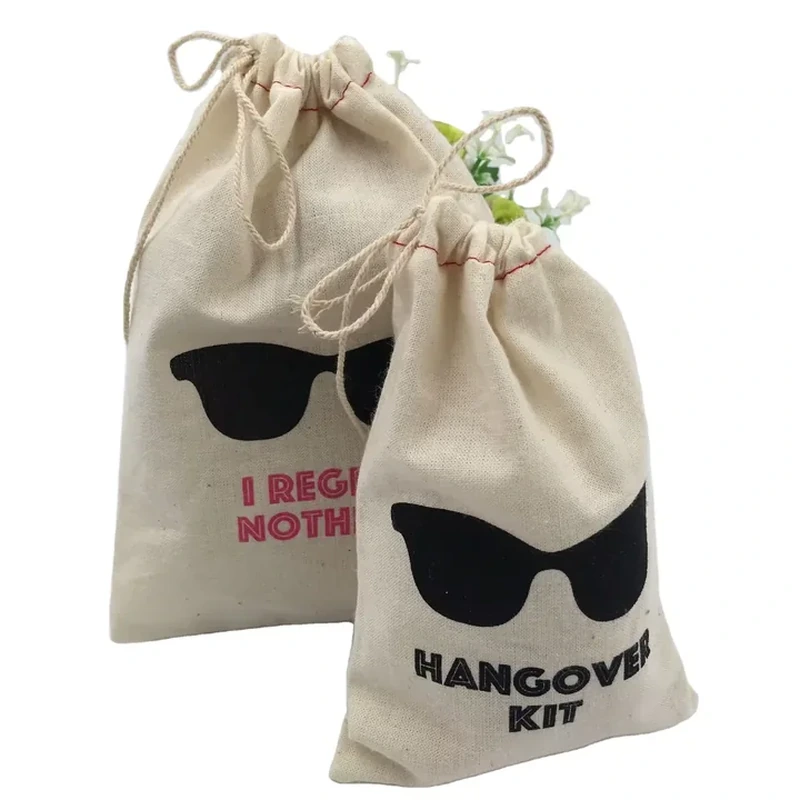 A pale pouch uses a bold sunglasses graphic and short text beneath its gathered neck