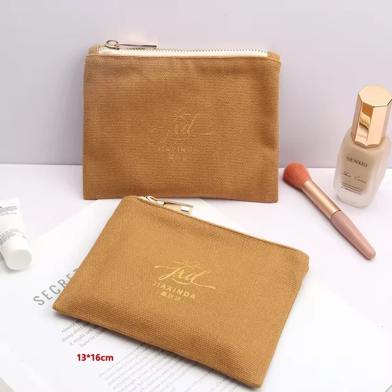 A flat brown zipper pouch has a visibly woven surface and a simple rectangular outline