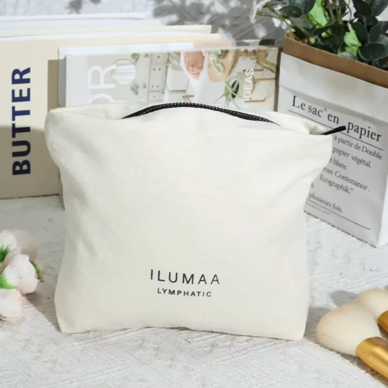 Cream zipper pouch displayed upright