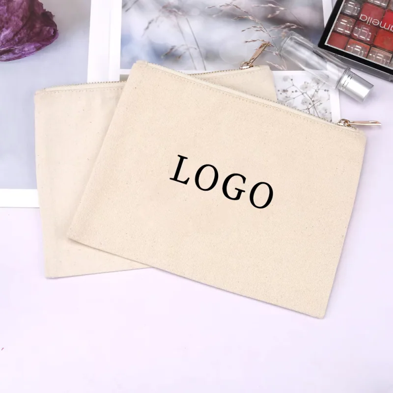 Cream flat fabric pouch printed with the word Logo.
