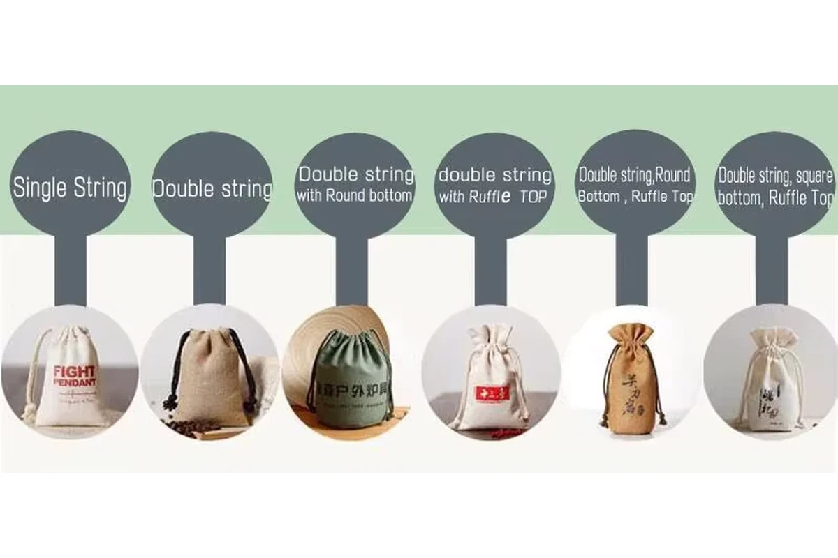 Six drawstring pouch styles comparing single or double cords, flat or ruffled tops, and round or square bases.