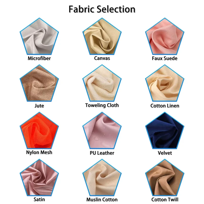 Fabric selection chart showing cotton, canvas, mesh, satin and other pouch materials