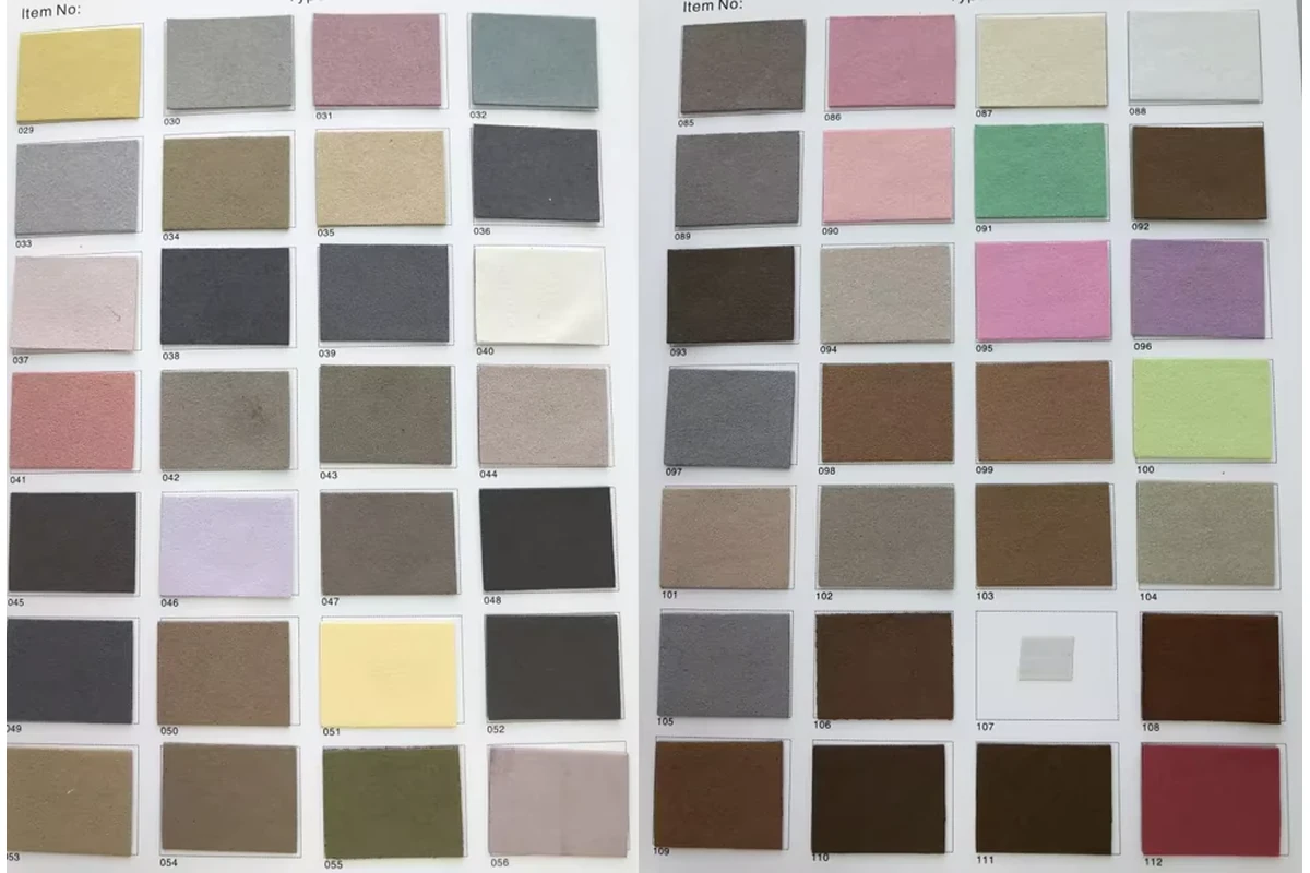 Physical fabric color swatches in neutral, pastel, green and brown tones
