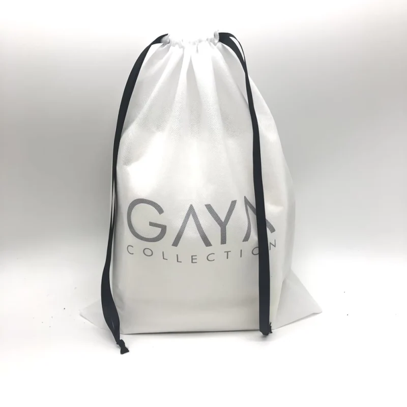 White drawstring shoe storage bag with black cords and a printed logo